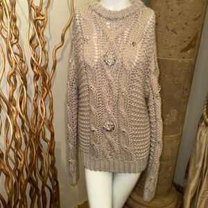 Zara Taupe Cable Knit Turtleneck Sweater with Bead Embellishments
